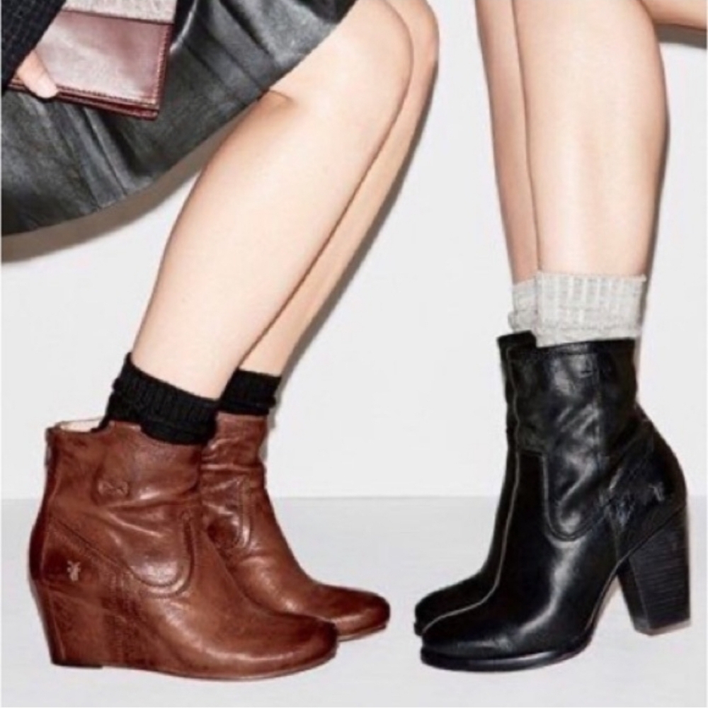 FRYE Carson Wedge Leather Bootie Brown Cognac Sz 8